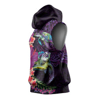 Hawaiian Plumeria and Hibiscus with Turtles Sleeveless Hoodie Polynesian Art Purple Color - Polynesian Pride