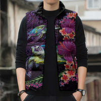 Hawaiian Plumeria and Hibiscus with Turtles Sleeveless Puffer Jacket Polynesian Art Purple Color - Polynesian Pride