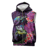 Hawaiian Plumeria and Hibiscus with Turtles Sleeveless Zip Hoodie Polynesian Art Purple Color - Polynesian Pride