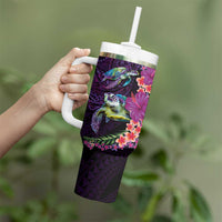 Hawaiian Plumeria and Hibiscus with Turtles Tumbler With Handle Polynesian Art Purple Color - Polynesian Pride