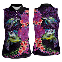 Hawaiian Plumeria and Hibiscus with Turtles Women Sleeveless Polo Shirt Polynesian Art Purple Color - Polynesian Pride