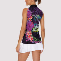 Hawaiian Plumeria and Hibiscus with Turtles Women Sleeveless Polo Shirt Polynesian Art Purple Color - Polynesian Pride
