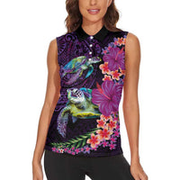 Hawaiian Plumeria and Hibiscus with Turtles Women Sleeveless Polo Shirt Polynesian Art Purple Color - Polynesian Pride