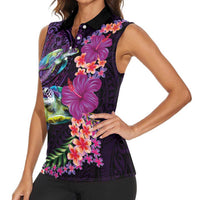 Hawaiian Plumeria and Hibiscus with Turtles Women Sleeveless Polo Shirt Polynesian Art Purple Color - Polynesian Pride