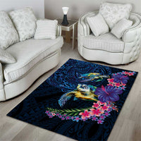 Hawaiian Plumeria and Hibiscus with Turtles Area Rug Polynesian Art Dark Cyan Color - Polynesian Pride