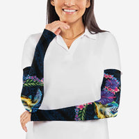 Hawaiian Plumeria and Hibiscus with Turtles Arm Sleeves Polynesian Art Dark Cyan Color - Polynesian Pride