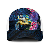 Hawaiian Plumeria and Hibiscus with Turtles Baseball Net Cap Polynesian Art Dark Cyan Color - Polynesian Pride