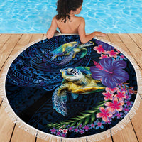 Hawaiian Plumeria and Hibiscus with Turtles Beach Blanket Polynesian Art Dark Cyan Color - Polynesian Pride