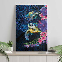 Hawaiian Plumeria and Hibiscus with Turtles Canvas Wall Art Polynesian Art Dark Cyan Color - Polynesian Pride