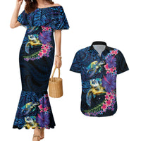 Hawaiian Plumeria and Hibiscus with Turtles Couples Matching Mermaid Dress and Hawaiian Shirt Polynesian Art Dark Cyan Color - Polynesian Pride
