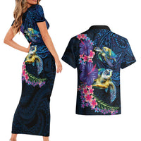 Hawaiian Plumeria and Hibiscus with Turtles Couples Matching Short Sleeve Bodycon Dress and Hawaiian Shirt Polynesian Art Dark Cyan Color - Polynesian Pride