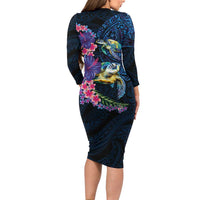 Hawaiian Plumeria and Hibiscus with Turtles Family Matching Long Sleeve Bodycon Dress and Hawaiian Shirt Polynesian Art Dark Cyan Color - Polynesian Pride