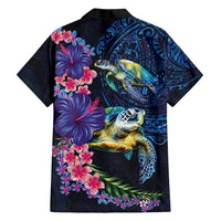 Hawaiian Plumeria and Hibiscus with Turtles Family Matching Short Sleeve Bodycon Dress and Hawaiian Shirt Polynesian Art Dark Cyan Color - Polynesian Pride