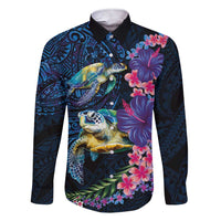 Hawaiian Plumeria and Hibiscus with Turtles Family Matching Short Sleeve Bodycon Dress and Hawaiian Shirt Polynesian Art Dark Cyan Color - Polynesian Pride