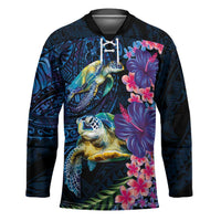 Hawaiian Plumeria and Hibiscus with Turtles Hockey Jersey Polynesian Art Dark Cyan Color - Polynesian Pride