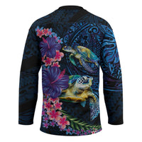 Hawaiian Plumeria and Hibiscus with Turtles Hockey Jersey Polynesian Art Dark Cyan Color - Polynesian Pride
