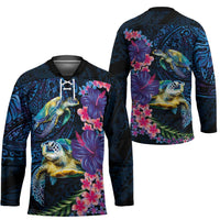 Hawaiian Plumeria and Hibiscus with Turtles Hockey Jersey Polynesian Art Dark Cyan Color - Polynesian Pride