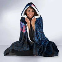 Hawaiian Plumeria and Hibiscus with Turtles Hooded Blanket Polynesian Art Dark Cyan Color - Polynesian Pride