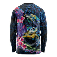 Hawaiian Plumeria and Hibiscus with Turtles Long Sleeve Shirt Polynesian Art Dark Cyan Color - Polynesian Pride