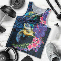 Hawaiian Plumeria and Hibiscus with Turtles Men Tank Top Polynesian Art Dark Cyan Color - Polynesian Pride