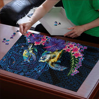 Hawaiian Plumeria and Hibiscus with Turtles Puzzle Polynesian Art Dark Cyan Color - Polynesian Pride