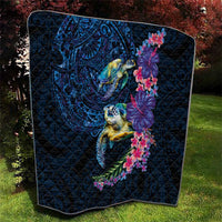 Hawaiian Plumeria and Hibiscus with Turtles Quilt Polynesian Art Dark Cyan Color - Polynesian Pride
