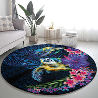 Hawaiian Plumeria and Hibiscus with Turtles Round Carpet Polynesian Art Dark Cyan Color - Polynesian Pride