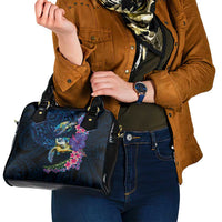 Hawaiian Plumeria and Hibiscus with Turtles Shoulder Handbag Polynesian Art Dark Cyan Color LT03 - Polynesian Pride