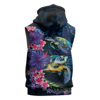 Hawaiian Plumeria and Hibiscus with Turtles Sleeveless Hoodie Polynesian Art Dark Cyan Color - Polynesian Pride