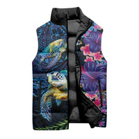 Hawaiian Plumeria and Hibiscus with Turtles Sleeveless Puffer Jacket Polynesian Art Dark Cyan Color - Polynesian Pride
