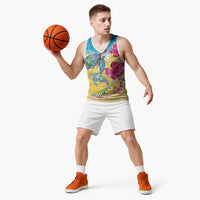 Hawaiian Tropical Plants Turtles Basketball Jersey Watercolor Style - Polynesian Pride