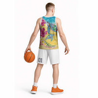 Hawaiian Tropical Plants Turtles Basketball Jersey Watercolor Style - Polynesian Pride