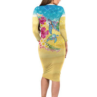 Hawaiian Tropical Plants Turtles Family Matching Long Sleeve Bodycon Dress and Hawaiian Shirt Watercolor Style - Polynesian Pride