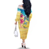 Hawaiian Tropical Plants Turtles Family Matching Off The Shoulder Long Sleeve Dress and Hawaiian Shirt Watercolor Style - Polynesian Pride