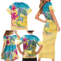 Hawaiian Tropical Plants Turtles Family Matching Short Sleeve Bodycon Dress and Hawaiian Shirt Watercolor Style - Polynesian Pride