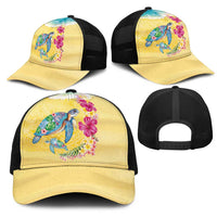 Hawaiian Tropical Plants Turtles Mesh Trucker Cap Watercolor Style - Polynesian Pride