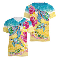Hawaiian Tropical Plants Turtles Women V-Neck T-Shirt Watercolor Style - Polynesian Pride