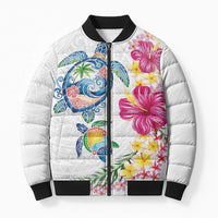 Hawaiian Abstract Art Turtles Bomber Puffer Jacket with Plumeria and Hibiscus - Polynesian Pride