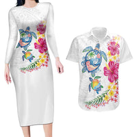 Hawaiian Abstract Art Turtles Couples Matching Long Sleeve Bodycon Dress and Hawaiian Shirt with Plumeria and Hibiscus - Polynesian Pride
