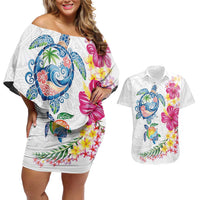 Hawaiian Abstract Art Turtles Couples Matching Off Shoulder Short Dress and Hawaiian Shirt with Plumeria and Hibiscus - Polynesian Pride