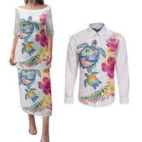 Hawaiian Abstract Art Turtles Couples Matching Puletasi and Long Sleeve Button Shirt with Plumeria and Hibiscus - Polynesian Pride