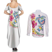 Hawaiian Abstract Art Turtles Couples Matching Summer Maxi Dress and Long Sleeve Button Shirt with Plumeria and Hibiscus - Polynesian Pride