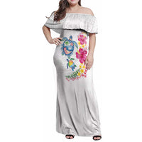 Hawaiian Abstract Art Turtles Family Matching Off Shoulder Maxi Dress and Hawaiian Shirt with Plumeria and Hibiscus - Polynesian Pride