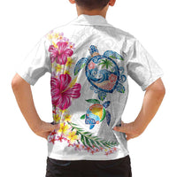 Hawaiian Abstract Art Turtles Family Matching Off Shoulder Short Dress and Hawaiian Shirt with Plumeria and Hibiscus - Polynesian Pride