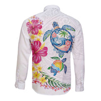 Hawaiian Abstract Art Turtles Long Sleeve Button Shirt with Plumeria and Hibiscus - Polynesian Pride