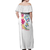 Hawaiian Abstract Art Turtles Off Shoulder Maxi Dress with Plumeria and Hibiscus - Polynesian Pride