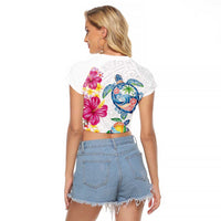 Hawaiian Abstract Art Turtles Raglan Cropped T Shirt with Plumeria and Hibiscus - Polynesian Pride