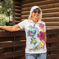 Hawaiian Abstract Art Turtles Women Polo Shirt with Plumeria and Hibiscus - Polynesian Pride