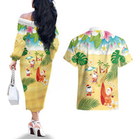 Hawaiian Mele Kalikimaka Couples Matching Off The Shoulder Long Sleeve Dress and Hawaiian Shirt Tropical Plumeria and Lei Funny Santa Beach - Polynesian Pride