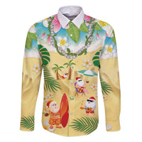 Hawaiian Mele Kalikimaka Family Matching Off Shoulder Short Dress and Hawaiian Shirt Tropical Plumeria and Lei Funny Santa Beach - Polynesian Pride